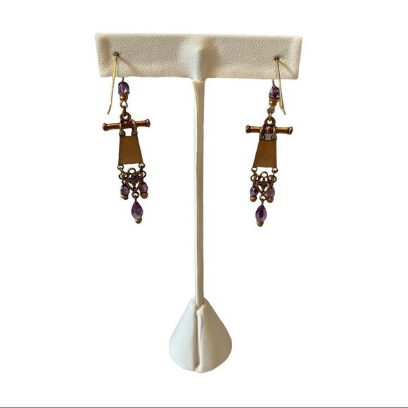 Delicate Looking Antiqued Gold & Purple Stone Drop Earrings. - Picture 4 of 5